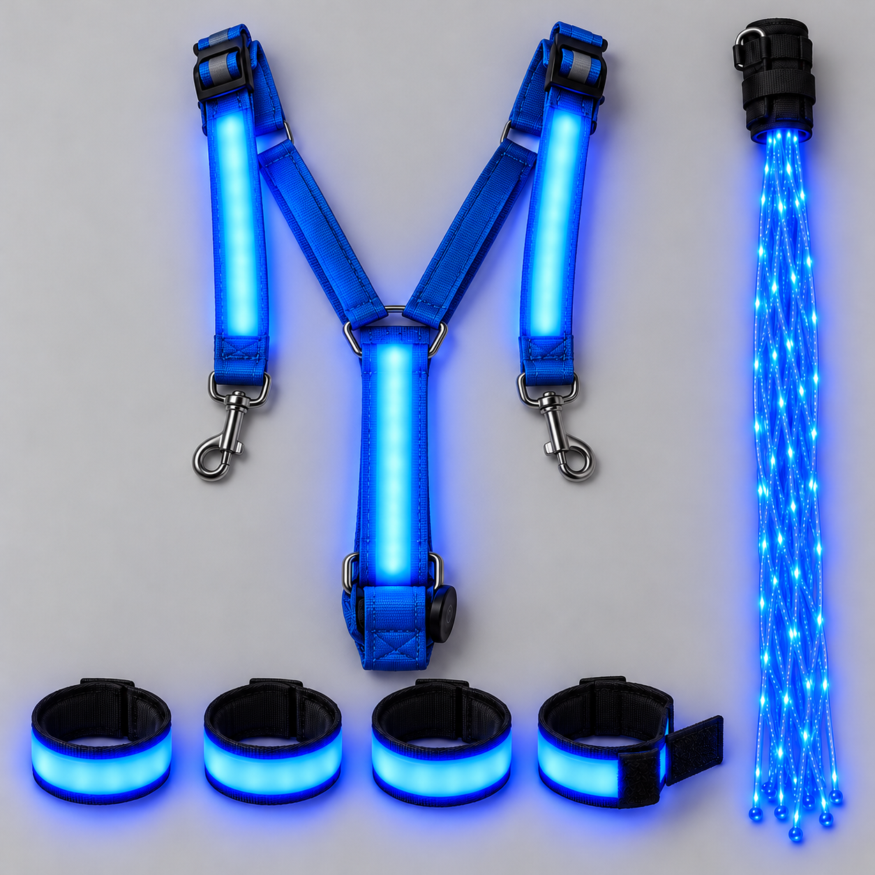 Blue Full Glow Kit with chest strap, leg bands and tail light